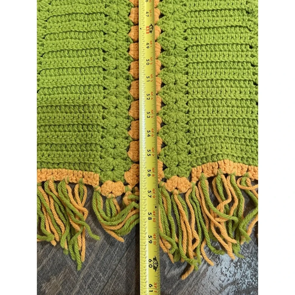 Vintage Green Yellow 70s Hand Made Afghan Throw W/ Fringe 60